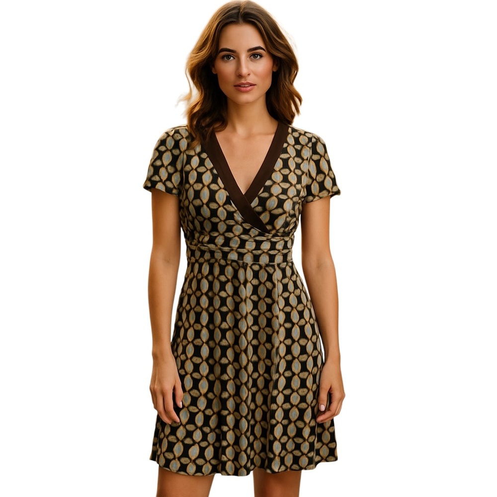 Sandra Darren Brown and Gold Sheath Maxi Dress V-Neck Short Sleeve